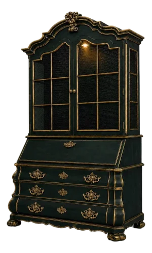 Henredon Oxidized Emerald Bombe Secretary Cabinet With Antiqued Gold Gilding & Chicken Wire Display Hutch