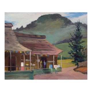 Mid Century Figurative Landscape -- Aptos Village Apple Shed and Market by Jon Blanchette For Sale