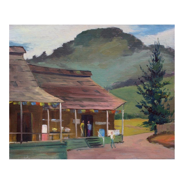 Mid Century Figurative Landscape -- Aptos Village Apple Shed and Market by Jon Blanchette For Sale