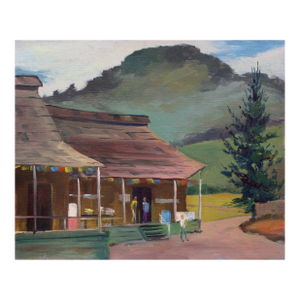 Mid Century Figurative Landscape -- Aptos Village Apple Shed and Market by Jon Blanchette