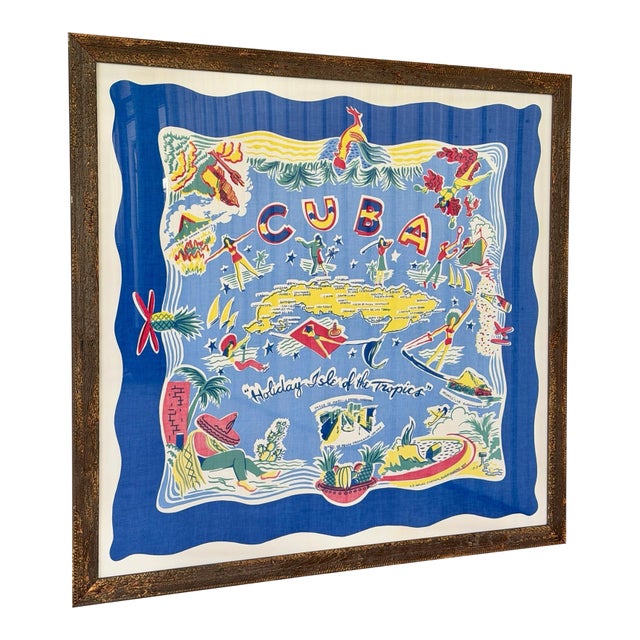 Monumental Vintage Cuba Souvenir Tablecloth Professionally Framed Wall Art For Sale