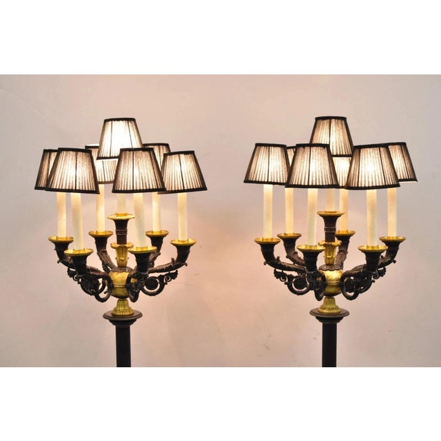 Biedermeier Late 19th Century French Empire Tall Bronze & Marble Lighted Candelabra Torchiere Floor Lamps - a Pair For Sale - Image 3 of 18