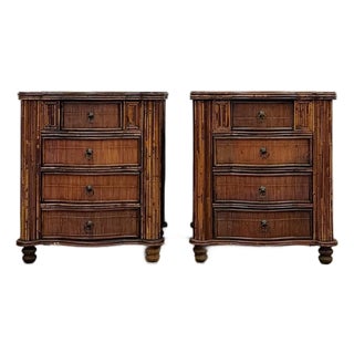 Vintage Nightstands Split Bamboo Reed Four Drawer British Colonial Pair Coastal Regency, Pair For Sale