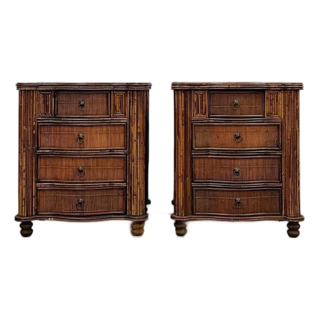 Vintage Nightstands Split Bamboo Reed Four Drawer British Colonial Pair Coastal Regency, Pair For Sale