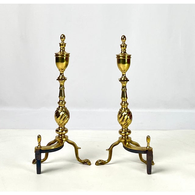 Pair of Vintage Brass Urn & Spiral Federal Style Flame Top Andirons – Claw & Ball Feet For Sale - Image 4 of 13