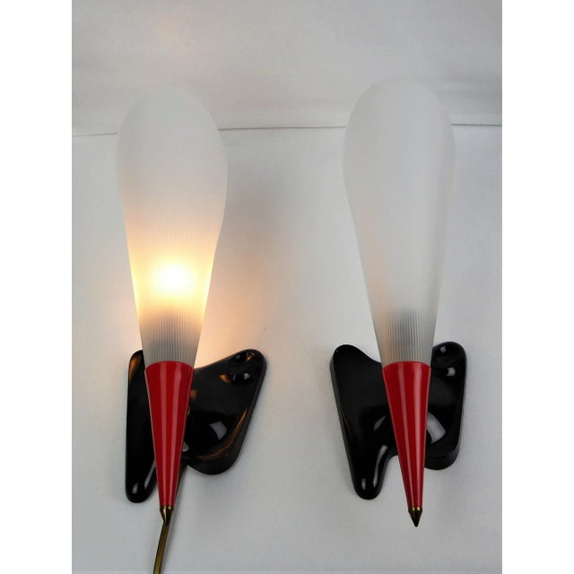 Mid-Century Red and Black Acrylic Glass Cone Wall Lamps, 1960s, Set of 2 For Sale - Image 12 of 13