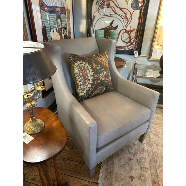 Lee Industries Gray Leather Custom Club Chair For Sale - Image 11 of 11