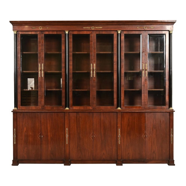 Baker Furniture Style Monumental French Empire Mahogany Breakfront Bookcase Cabinet With Mounted Ormolu For Sale