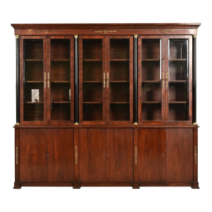 Baker Furniture Style Monumental French Empire Mahogany Breakfront Bookcase Cabinet With Mounted Ormolu