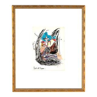 Mid 20th Century French Abstract Village Scene Marker Drawing, Framed For Sale