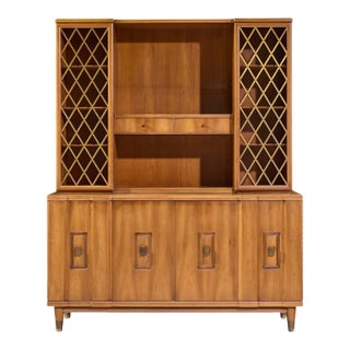 John Widdicomb Mid Century Walnut and Brass Credenza With Hutch For Sale
