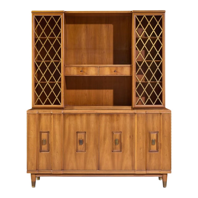 John Widdicomb Mid Century Walnut and Brass Credenza With Hutch For Sale