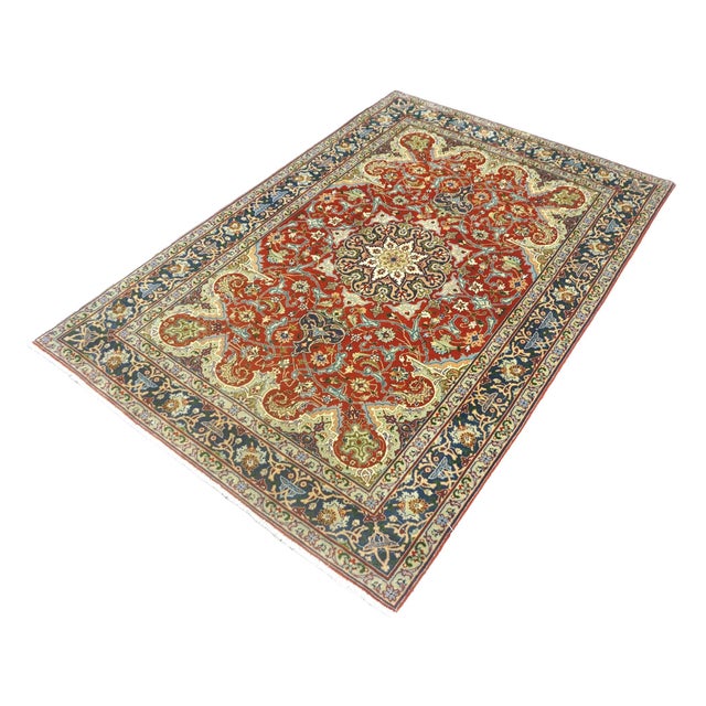 Persian Antique Persian Tabriz Wool 3x5 Red & Navy Handmade Area Rug #1143878 For Sale - Image 3 of 12