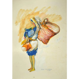 Sergio Barletta - Woman with Baskets - Original Mixed Media - 1995 For Sale
