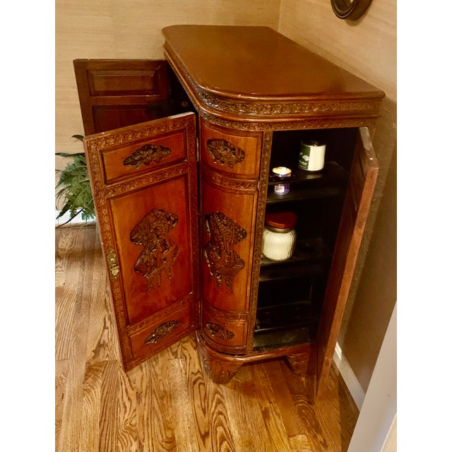 Chinese 1960s Mid-Century Hand-Carved Asian Flip Top Bar Cabinet For Sale - Image 3 of 12
