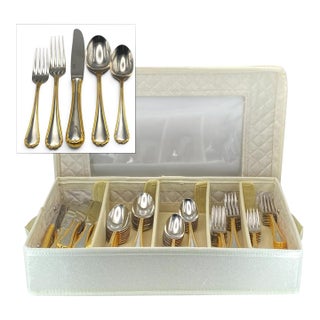 Yamazaki "Tasha" Gold Accent Stainless Flatware Set - 81 Pieces (Service for 16 With Storage Case) Vintage 1990's For Sale