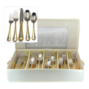 Yamazaki "Tasha" Gold Accent Stainless Flatware Set - 81 Pieces (Service for 16 With Storage Case) Vintage 1990's