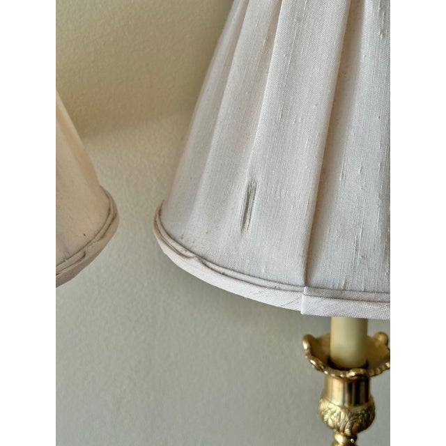 1990s Wood and Brass Pillar Candlestick Lamp Pair With Pleated Shades For Sale - Image 9 of 13