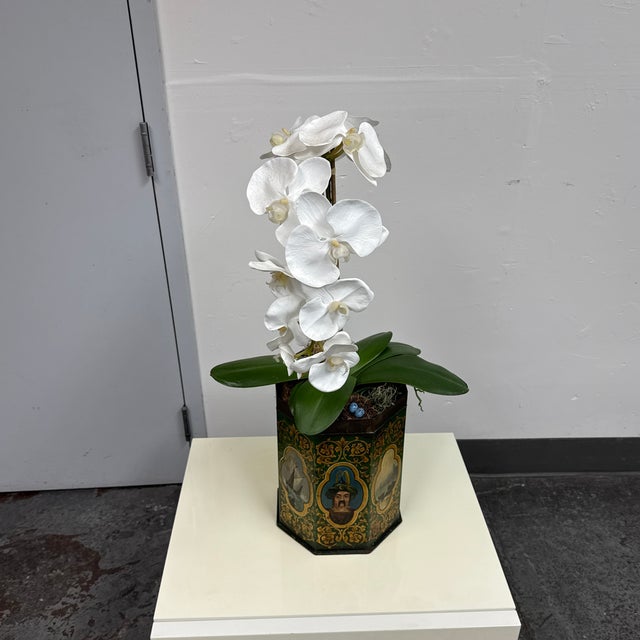 Savage London Painted Tole Canister + Faux Orchid Arrangement, 19th-Century For Sale - Image 9 of 12