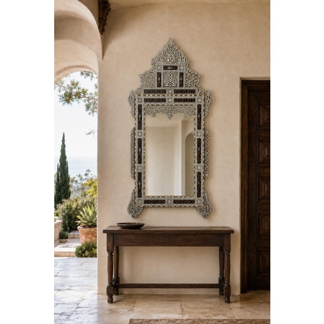 Moroccan White Shell Inlaid Antique Middle Eastern Damascene Syrian Mirror 66" For Sale - Image 3 of 15