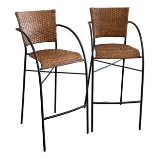 1970s Modern Wicker and Iron Bar Stools Set of 2 For Sale
