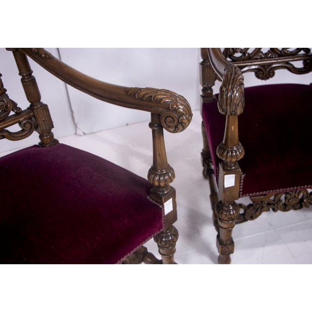 1920s Monumental Carved Renaissance Revival “Throne” Armchairs – Ornate Figural Backs, Velvet Seats, Pair, C. 1880 For Sale - Image 5 of 5