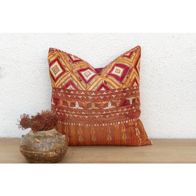 A breathtaking study in Antique Punjabi Folk Art, this 18-inch square pillow is handcrafted from a salvaged ceremonial...