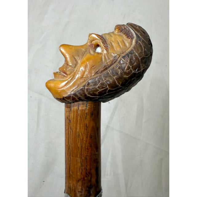 Folk Art Antique 1800's Hand Carved Nut Wood Sterling Silver Man Face Walking Stick Cane For Sale - Image 3 of 17