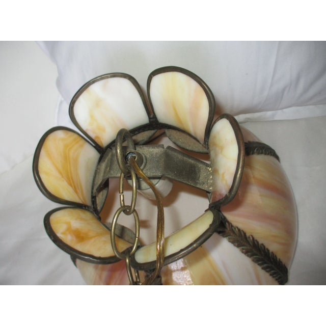 Vintage Carmel Slag Stained Glass 6 Panel Tulip Hanging Ceiling Lamp & Canopy For Sale - Image 9 of 11