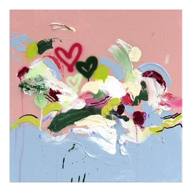 Bubble Gum Island - Original Textural Bright Abstract Mixed Media Painting on Canvas by Amber Goldhammer For Sale