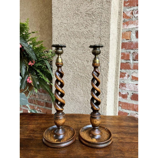 Antique English Oak & Brass Open Barley Twist Candlestick Holders a