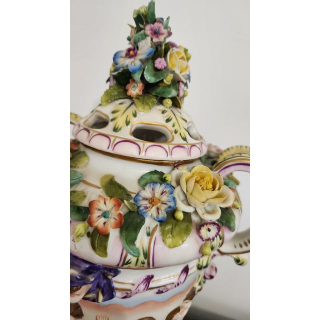 Circa 1900 Vienna-Style Porcelain Potpourri Urn With Applied Flowers, Putti & Blue Shield Mark For Sale - Image 4 of 18