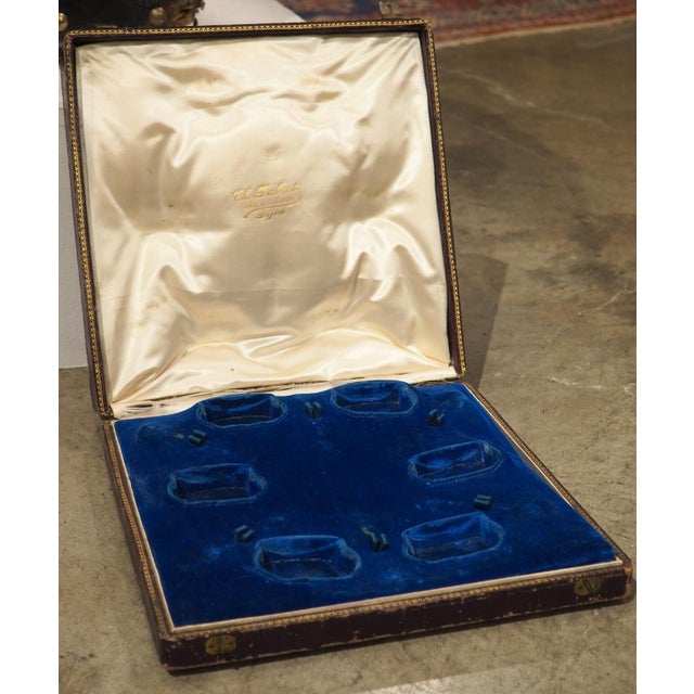 Presented in a brown leather écrin with embossed gold trim, this gorgeous salt cellar set is by Charles Dubret of Dijon,...