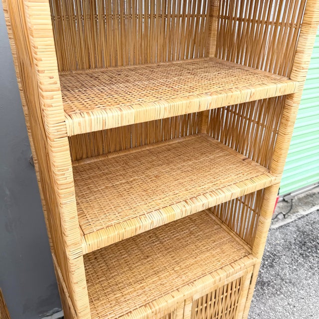 Brown Boho Chic Blonde Wicker Cabinet/Etageres - A Pair For Sale - Image 8 of 11
