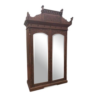 19th Century Edwardian Carved Walnut Armoire with Mirror Doors For Sale
