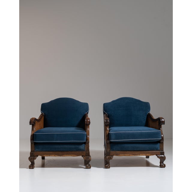 Pair of Early 20th Century British Navy Blue Edwardian Velvet Upholstered Armchairs with Cane Panels For Sale - Image 9 of 15