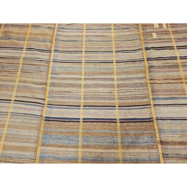 Tan 19th Century American Amish Rag Rug, Handwoven Folk Art, Stripe Pattern, Tan & Pale Blue, 10’ X 14’ For Sale - Image 8 of 12