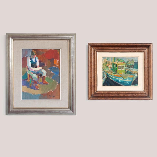 Post Impressionist Artist, Fisherman and Fishing Boats, 1980s, Oil on Canvases, Framed, Set of 2 For Sale - Image 11 of 11