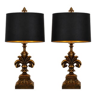 Late 20th Century Pair of Gilded Fleur-De-Lis Table Lamps With Black & Gold Drum Shades For Sale