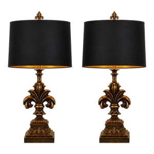 Late 20th Century Pair of Gilded Fleur-De-Lis Table Lamps With Black & Gold Drum Shades