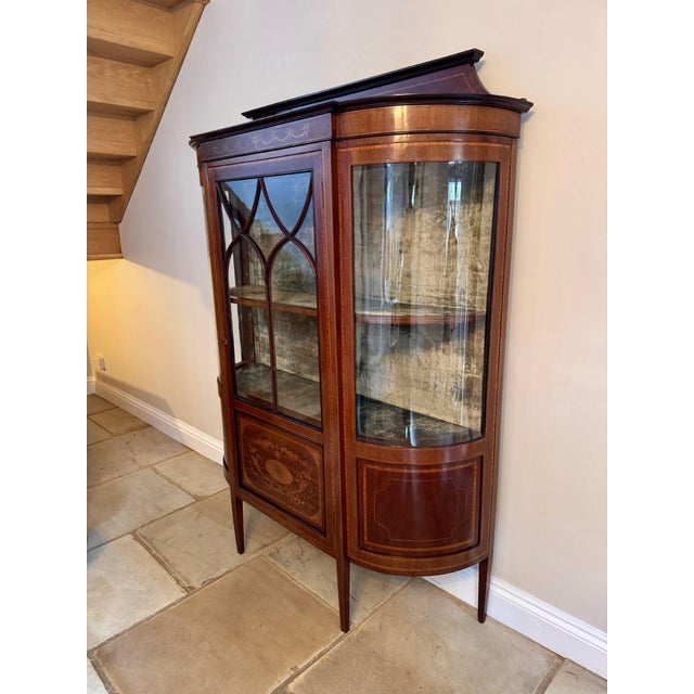 Antique Edwardian Mahogany Inlaid Bowfront Display Cabinet, 1900 For Sale - Image 3 of 10