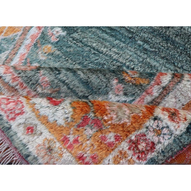 Antique Angora Oushak Rug With Solid Background in Teal, Blue, Orange Colors 3'2 X 5'4. For Sale - Image 11 of 11