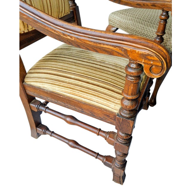 Victorian Vintage Carved Oak Armchair & Matching Ottoman Set For Sale - Image 3 of 12