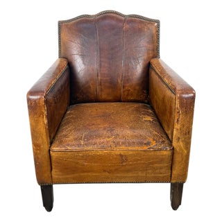 Antique French Moustache Cognac Leather Club Chair, 1920s For Sale