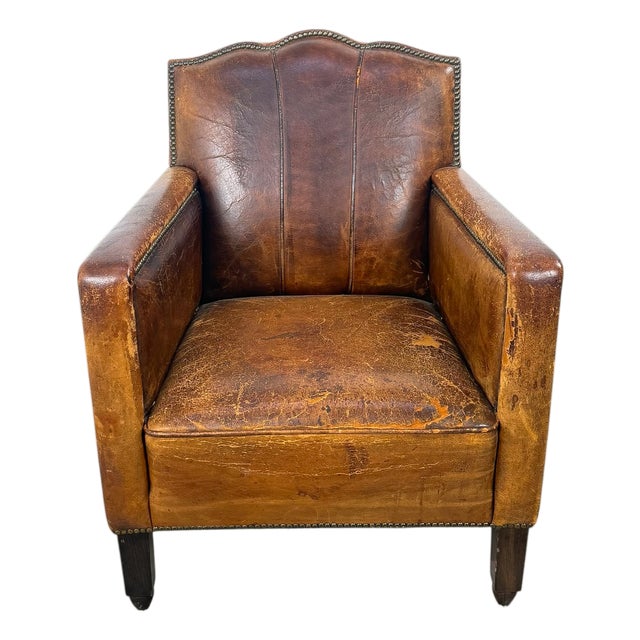 Antique French Moustache Cognac Leather Club Chair, 1920s For Sale