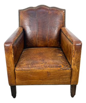 Antique French Moustache Cognac Leather Club Chair, 1920s