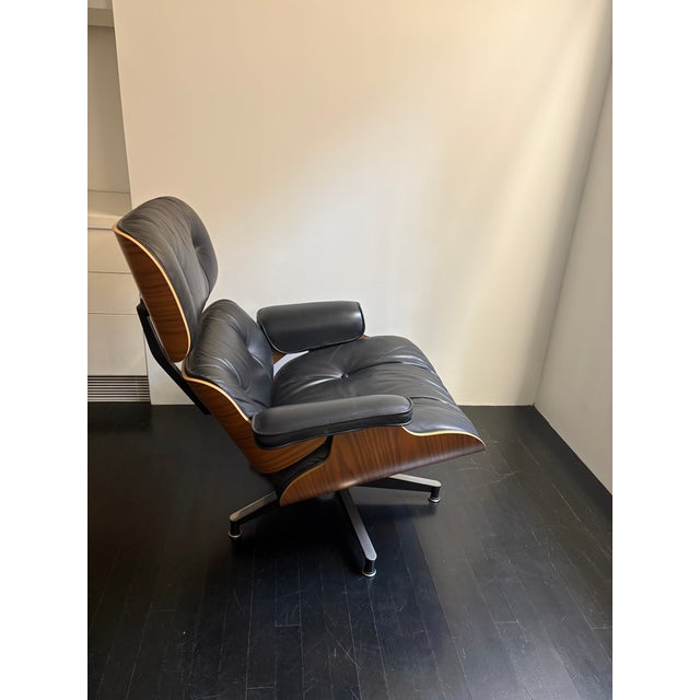 Herman Miller Authentic Herman Miller Eames Lounge Chair & Ottoman — Walnut Shells, Black Leather, Dated & Labeled November 2001 For Sale - Image 4 of 8