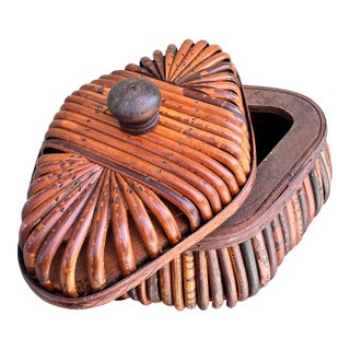 Vintage Bamboo Cane Jewelry Box With Fan Lid — Boho Asian Chinoiserie Style For Sale