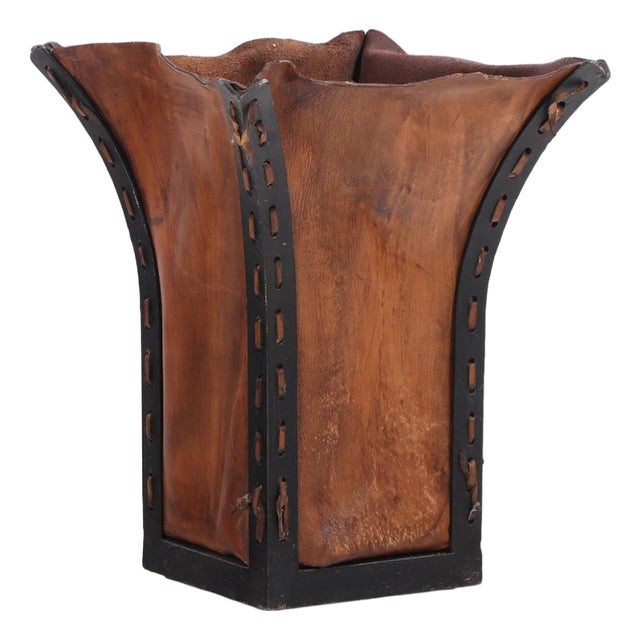 An Iron and Leather Waste Basket, in the Manner of Jean-Michel Frank. Contemporary For Sale