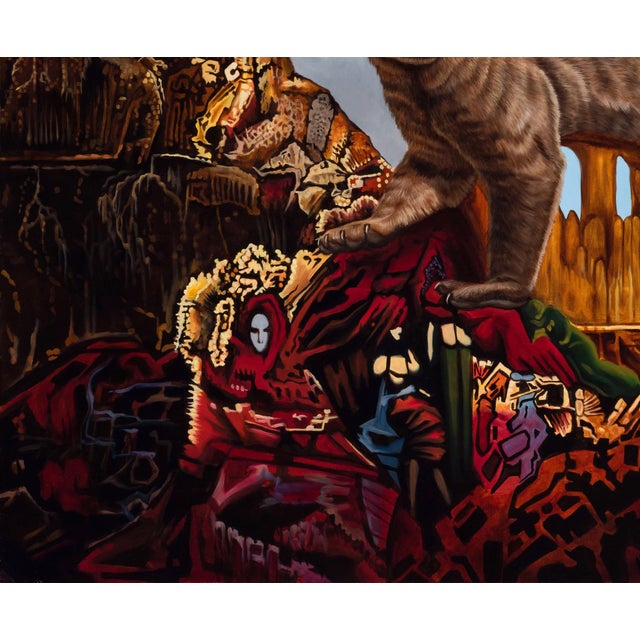 Fossa by Robin Hextrum | Oil on canvas Oil painting of a fossa in a surreal landscape. For Sale - Image 4 of 5